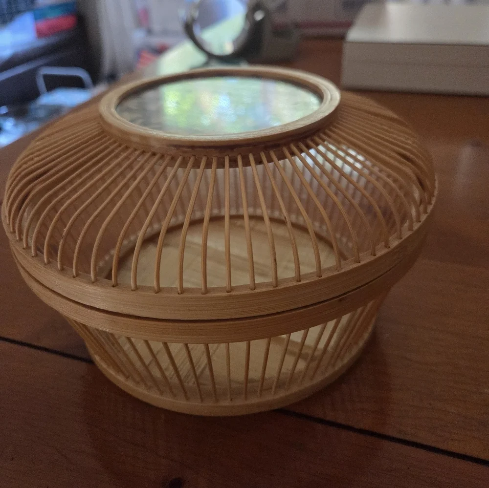 Vintage Bamboo Lucky Cricket Cage Woven Starburst Pattern Protected With Glass